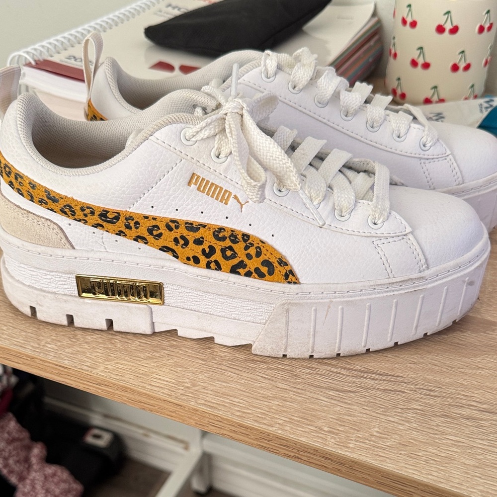 PUMA Women's White and Leopard Print Sneakers